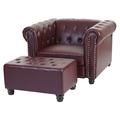 Mendler Luxus Sessel Loungesessel Relaxsessel Chesterfield Kunstleder ~ runde Füße, rot-braun mit Ottomane