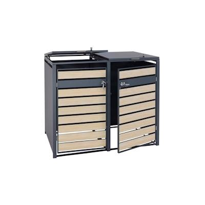 Mendler XL 2er/4er-Mülltonnenverkleidung HWC-J81, Mülltonnenbox, Metall 59kg anthrazit ~ Buche-Holzoptik hellbraun Image