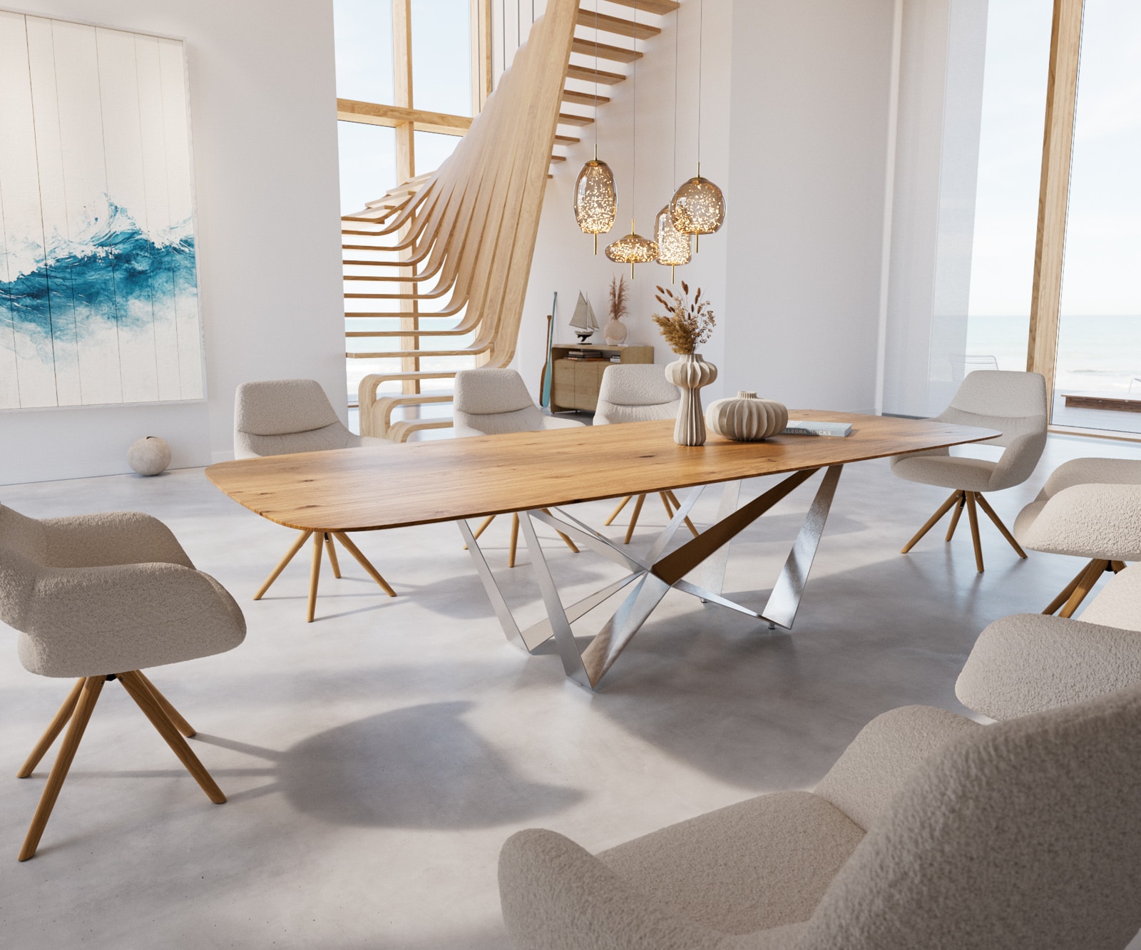 DELIFE Esstisch Edge Boot 300x120x2,5-3 Eiche Natur Spider Flachstahl Edelstahl Schweizer Kante, Esstische Image