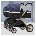 Twin Umbrella Pram Stroller,Foldable Tandem Stroller for Infant and Toddler,Detachable 2 Single Strollers Double Pushchair with Reversible Bassinet,Adjustable Canopy (Color : Blue)