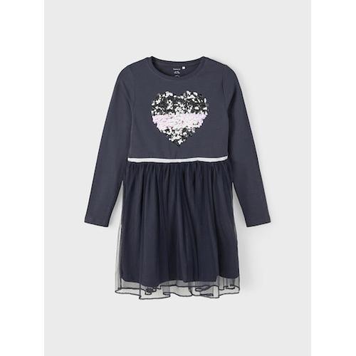 „Paillettenkleid NAME IT „“NKFNORSTAR LS DRESS““ Gr. 152, N-Gr, blau (india ink) Mädchen Kleider Langarm“