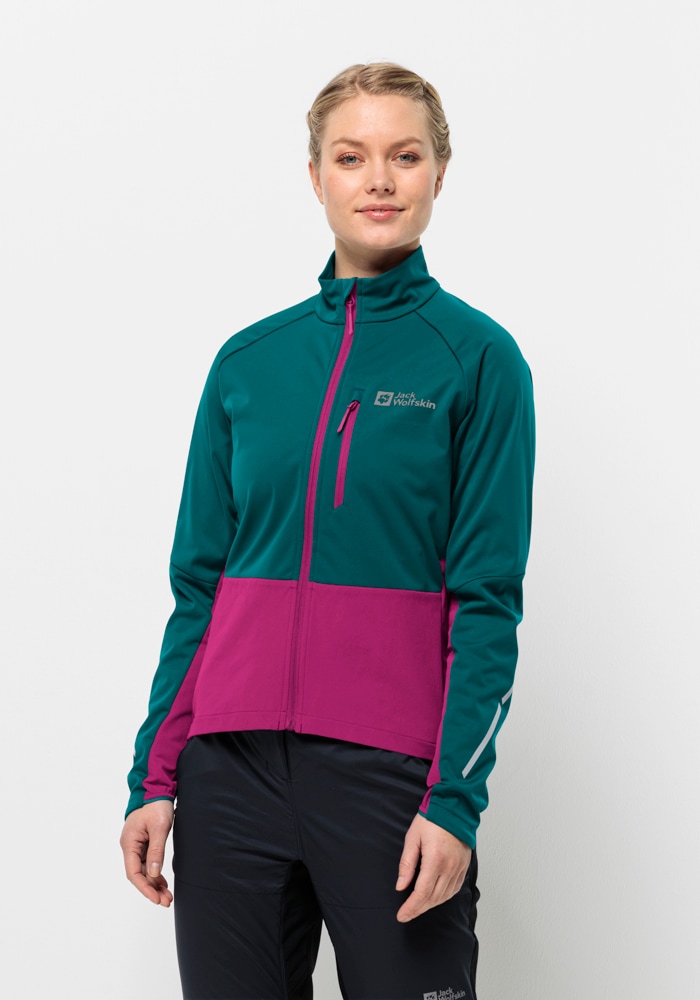 Fahrradjacke JACK WOLFSKIN "MOROBBIA JKT W", Damen, Gr. XS (34), grün (sea, grün), 1. OBERSTOFF 100% POLYESTER 2. OBERSTOFF 91% POLYAMID, 9% ELASTHAN FUTTER 100% POLYESTER, Jacken Image