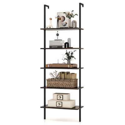Costway 5 Tier Ladder Shelf Wall-Mounted Bookcase with Steel Frame-Brown