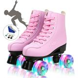 EONROACOO Pink Roller Skates Kids Adult High-Top Roller Skates Double Row Leather Shiny Quad Skates for Teen(Women 8/Men 6.5)