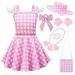 Girls Pink Costume Movies Square Collar Dress Bag Hat Accessories Plaid Outfits for Kids Doll Cosplay Halloween Birthday Party Role Playing 4-6 Years