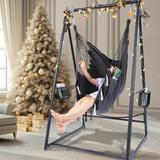 Hammock Chair Hanging Rope Swing & Stand Set with Two Holders Heavy Duty Hanging Stand with Three Hooks Multi-Use for Indoor Outdoor Patio Yard Garden (Black)