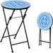 Outdoor Side Table Folding Patio Table 14 Round Metal End Table w/Ceramic Top Small Patio Table Coffee Table for Porch Garden Balcony Plant Stand Indoor Outdoor (Blue)