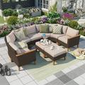 Summit Living 9 Pieces Patio Conversation Set Wicker Outdoor Furniture set Half-Moon Curved Sectional Sofa Set Beige
