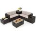 Gymax 6 Piece Patio Sofa & Fire Table Set Outdoor Rattan Sectional Sofa Set w/ Storage Box Beige