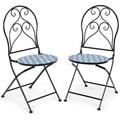 2 Pieces Folding Bistro Chairs Mosaic Patio Chairs With Ceramic Tiles Seat And Exquisite Floral Pattern Outdoor Dining Chairs For Deck Garden And Backyard (Blue & Black)