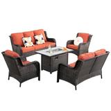 Ovios 5 Pieces Outdoor Patio Furniture with Rectangle Fire Pit Table Wicker Patio Sectional Sofa with Loveseat for Backyard