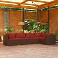 moobody 5 Piece Patio Lounge Set with Red Cushions Conversation Set Poly Rattan Brown Outdoor Sectional Sofa Set Steel Frame for Garden Balcony Lawn Yard Deck