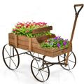Wooden Wagon Planter with Wheel - Garden Plant Planter for Garden Yard in Brown