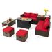 Topbuy 9 Pieces Outdoor Patio Furniture Set with 42 Propane Fire Pit Table Outdoor PE Wicker Space-Saving Sectional Sofa Set Red