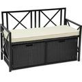 Dextrus 70 Gallon Outdoor Storage Bench w/Cushion Wicker Storage Deck Box w/Seat All-Weather PE Rattan Storage Seating for Patio Furniture Outdoor Cushions and Garden Tools -Black&Beige