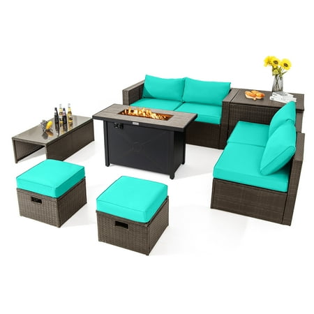 Topbuy 9 Pieces Outdoor Patio Furniture Set with 42 Propane Fire Pit Table Outdoor PE Wicker Space-Saving Sectional Sofa Set Turquoise