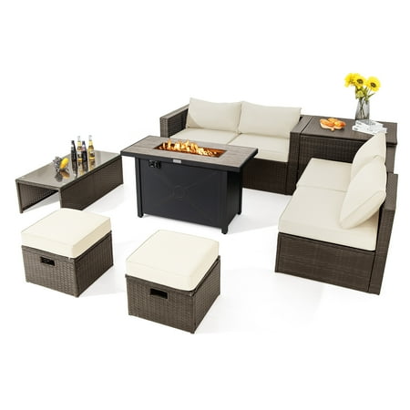 Topbuy 9 Pieces Outdoor Patio Furniture Set with 42 Propane Fire Pit Table Outdoor PE Wicker Space-Saving Sectional Sofa Set Off White