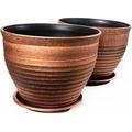 Circle Pattern 2 Pack Rustic French Country Look (2 Pots 2 Matching Saucers) Plastic Planter for Indoor Outdoor Nursery Garden Patio Office Home DÃ©cor Use. Long Lasting Lightweight (Copper)