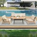 Domi Outdoor Wicker Patio Furniture Sets 4 Pieces All-Weather Aluminum Rattan Padded Sofa Patio Conversation Sets 1 Three-Seat Sofa 2 Chairs and 1 Table with 2 Pillows for Porch Deck Garden(Khaki)