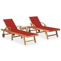 vidaXL Sun Lounger with Wine Red Cushion Solid Teak Wood