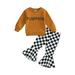 Toddler Baby Girl Halloween Outfit Pumpkin Long Sleeve Sweatshirt Tops Checkerboard Print Flare Pants Halloween Clothes Set