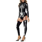 Eyicmarn Women s Halloween Costume Jumpsuit Cartoon Skeleton Print Long Sleeve Skinny Bodysuit Bone Cosplay Outfit