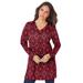 Plus Size Women's Long-Sleeve V-Neck Ultimate Tunic by Roaman's in Red Flower Medallion (Size 6X) Long Shirt