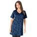 Plus Size Women's Short-Sleeve V-Neck Ultimate Tunic by Roaman's in Blue Graphic Blossom (Size M) Long T-Shirt Tee