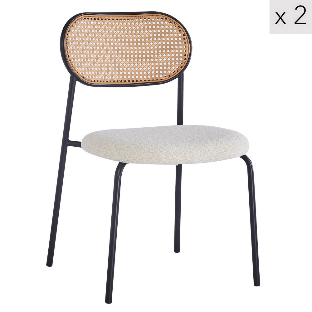 Lot de 2 chaises de salle à manger en cannage et bouclette blanche