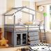 Twin Size House Bed Low Loft Beds for Kids, Wood Playhouse Lofts Bed with Drawers & Cabinet, Montessori Loft Bed with Blackboard