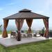 Outdoor Steel Gazebo with Dual-Track Nettings & Curtains, 12ft x 12ft Double-Roof Hard Top for, Garden, Backyard,Bronze