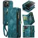 iPhone 14 Plus Leather Detachable Wallet Zipper Case with 8 Card Slots Holder Magnetic case for iPhone 14 Plus Flip Wallet Handle Wrist Strap Shockproof Pocket Handbag for Man Woman Green