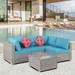 Patio Furniture 5-Piece Outdoor Sofa Set, PE Rattan Wicker Sectional Cushioned Couch Set with 2 Pillows and Glass Coffee Table