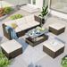 5-Piece Sets Patio Wicker Sofa Adustable Backrest with Cushions Ottomans and Lift Top Coffee Table for Backyard Balcony