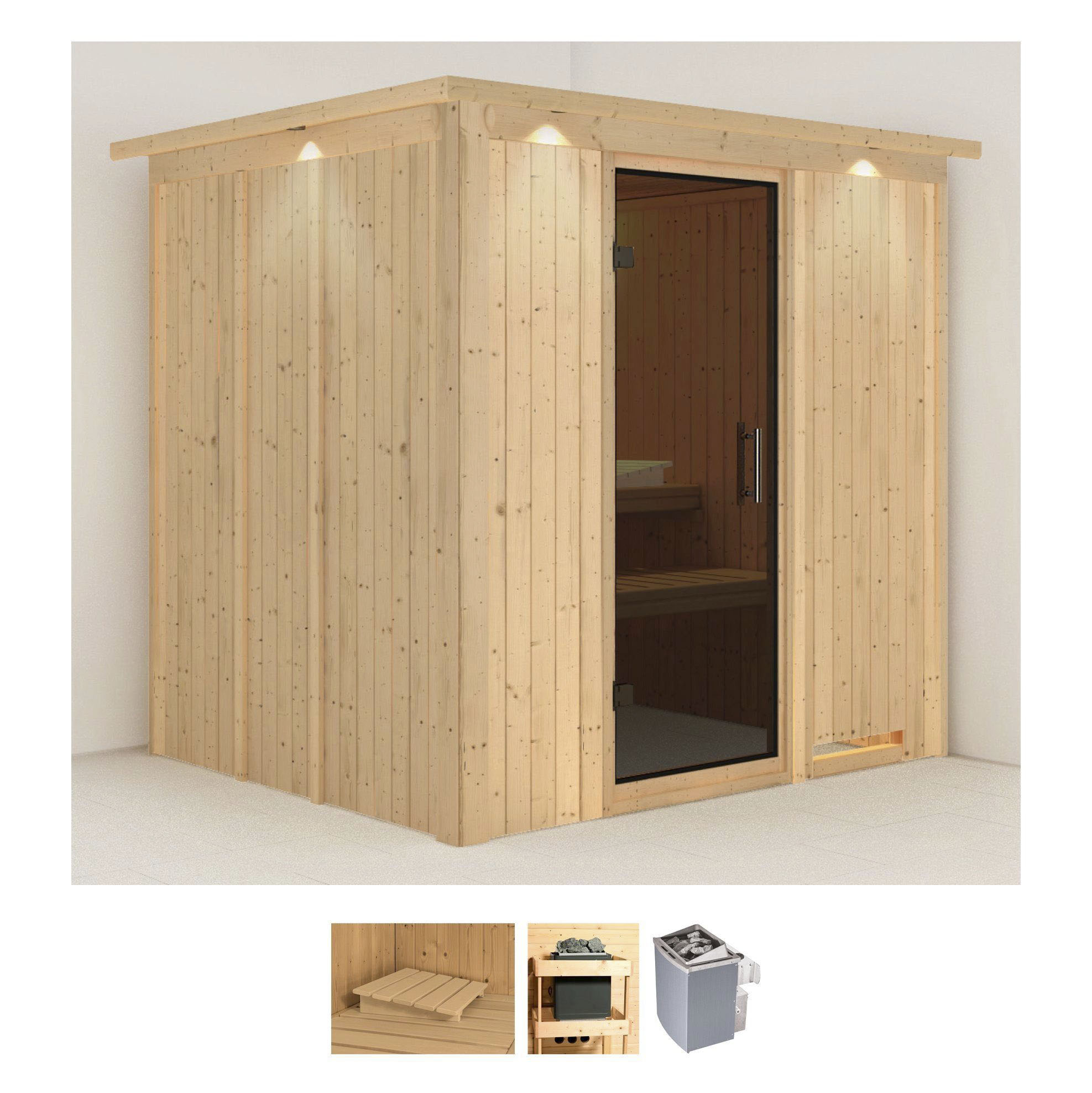 Sauna KARIBU "Solida", beige (naturbelassen), Saunaofen, integrierte Steuerung, 9 kW, Saunen, Ofen 9 kW integr. Strg