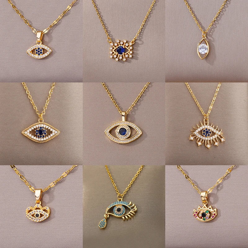 Zirkon Blau Evil Eye Halskette für Frauen Gold Farbe Edelstahl Türkische Auge Anhänger Halsketten Glück Schmuck Geschenk collier femm Image