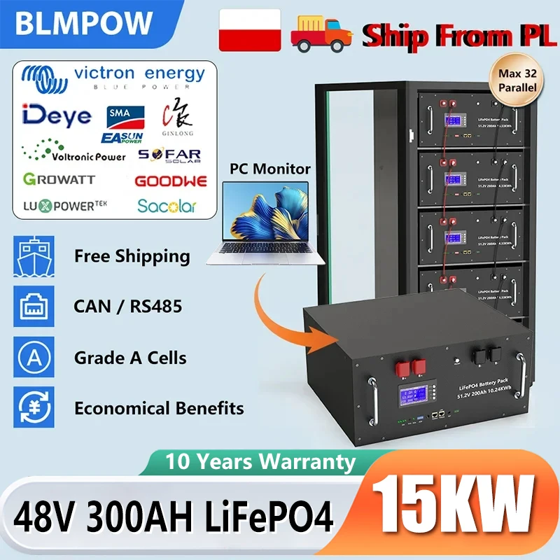 LiFePO4 48V 300AH 15KWH Batterie 51,2V 100AH 200AH Lithium Solar Batterie 6000+ Zyklen Mit 16S 200A BMS Für Inverter EU Lager Image