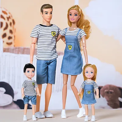 1/6 Barbi Doll Toy Family Doll Set of 4 People Mom Dad Kids 30cm Barbies Doll Full Set With Clothes