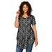 Plus Size Women's Swing Ultra Femme Tunic by Roaman's in Black Flower Medallion (Size 34/36) Short Sleeve V-Neck Shirt