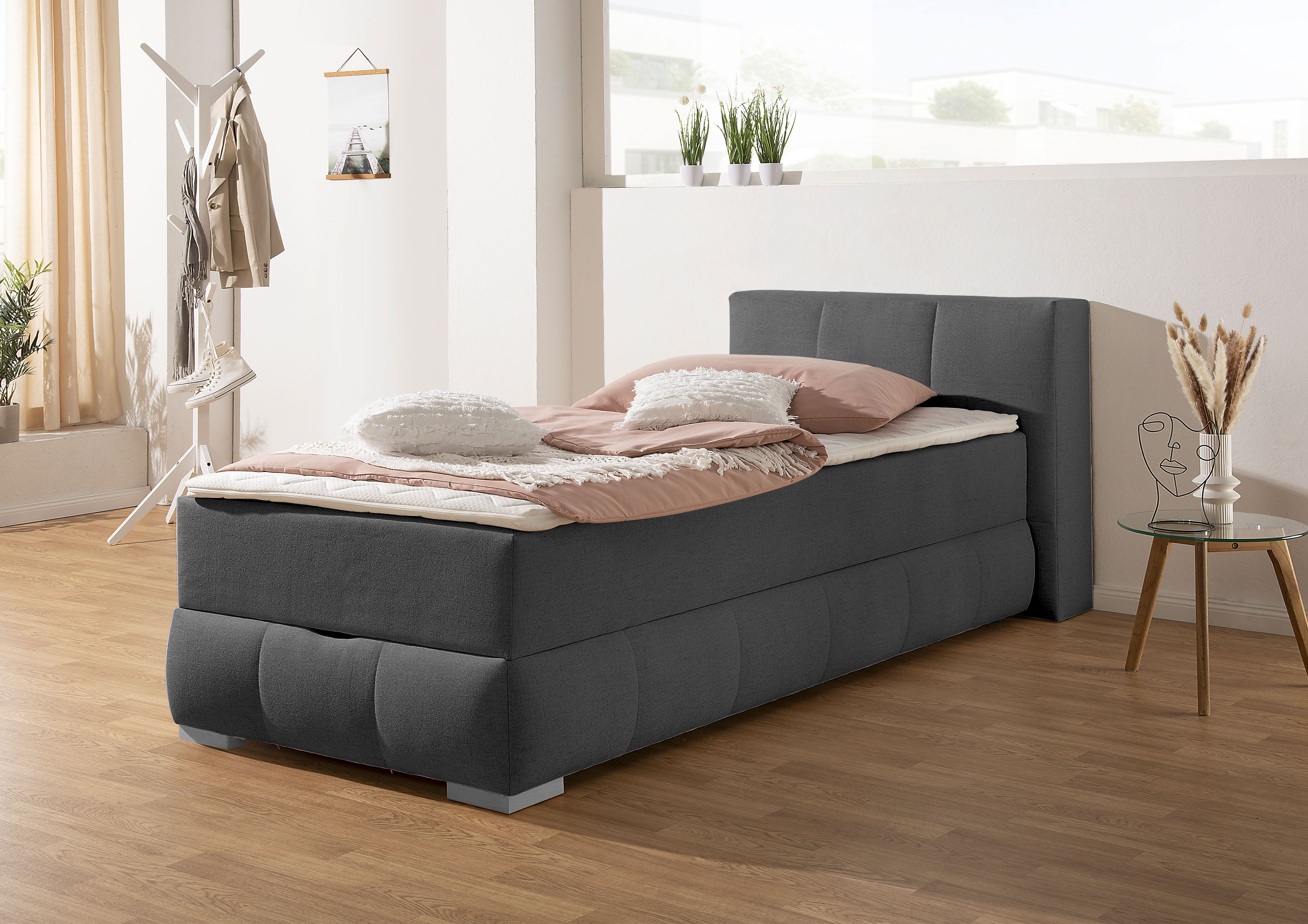 Boxbett HOME AFFAIRE "Chelles", grau (anthrazit), B:107cm L:225cm, Komplettbetten, inkl. Topper und Bettkasten Image