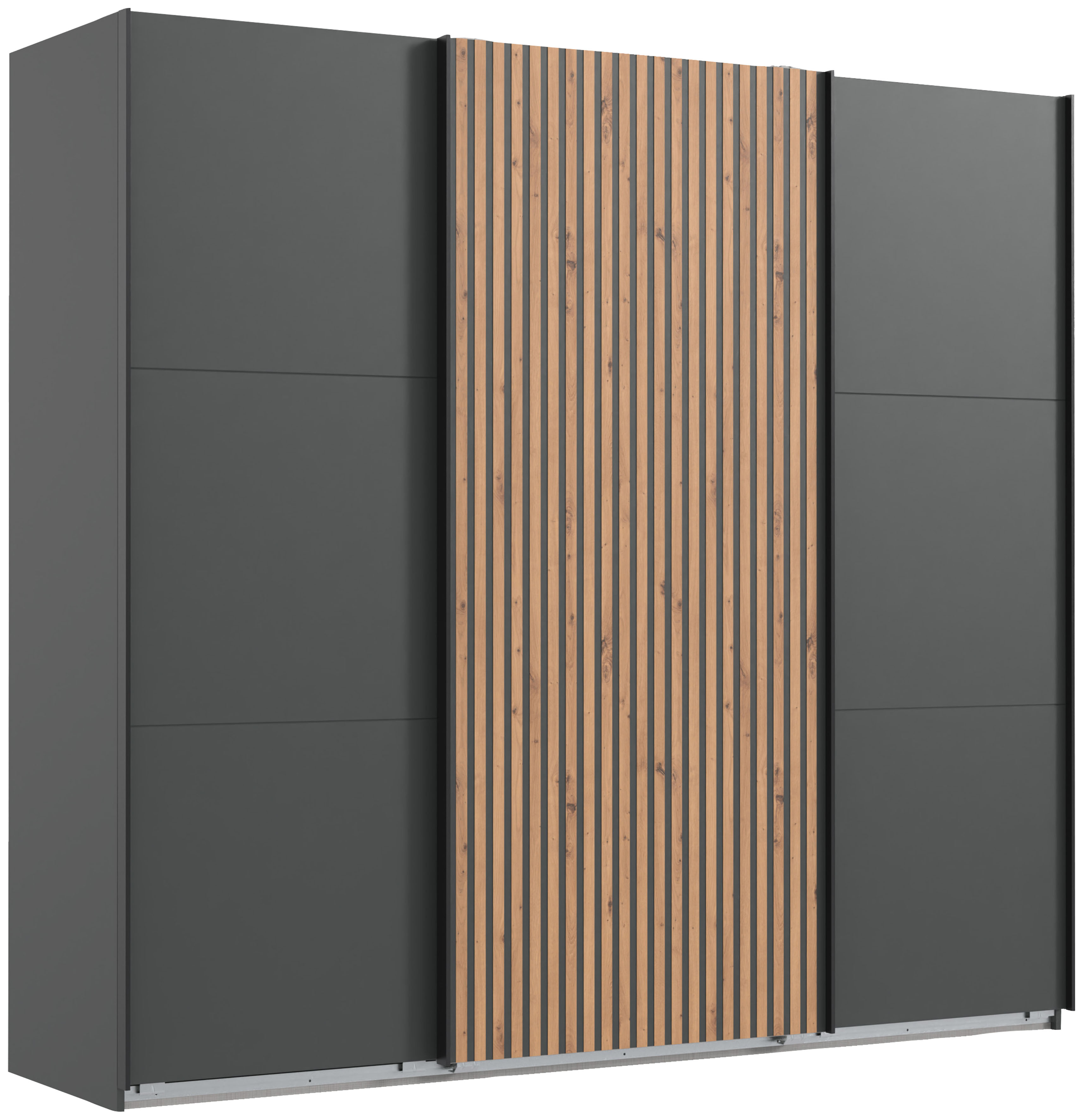 Schwebetürenschrank WIMEX "Andorra by fresh to go", schwarz (graphit, akustikpaneel optik artisan eiche nachbildung), B:300cm H:216cm T:65cm, Spanplatte, Schränke, Mit 3D-Leisten für Akustikpaneel-Optik Image