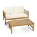 GDF Studio Sagewood Outdoor Acacia Wood and Iron Loveseat and Coffee Table Set with Cushions Teak Black Beige