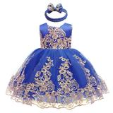 IBTOM CASTLE Lace Flower Girl Sequins Bow V-Back Tutu Dress for Kids Baby Christening Communion Birthday Party Wedding Dresses+Headwear 1-2 Years Royal Blue 02