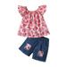 Quealent 3 Month Old Outfits for Girls Prints Tops and Jeans Shorts Two Piece Casual Suit Outfits Baby Girl Cardigan Set Denim Girls Childrenscostume Red 12-18 Months