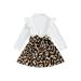 Suanret Kids Girls Leopard Patchwork Dress Long Sleeve Bowknot Decoration A-Line Dress Party Prom Dress White 6 Years