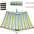 Hammock Swing Camping Hammock For Stand With Spreader Bar Detachable Pillow Hand Woven Cotton Ropes Outdoor Hammocks For Patio Backyard Poolside(Hammock Without Stand) (Blue Yellow)