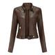 Wyongtao Women Faux Leather Jacket Slim Stand Collar Zip Motorcycle Cropped Coat with Belt Brown L