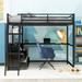 Black Twin Size Metal&Wood Loft Bed with Desk and Shelves Two Built-in Drawers