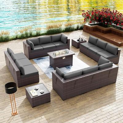 Kullavik 15 Pieces Outdoor Patio Furniture Set with Fire Pit Table