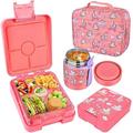 Bento Lunch Box Set With 10oz Soup Thermos, Leak-proof Lunch Containers with 4 Compartment, Kids Hot Thermos Food Jar/ Insulation Lunch Bag, Food Containers for School（Unicorn）